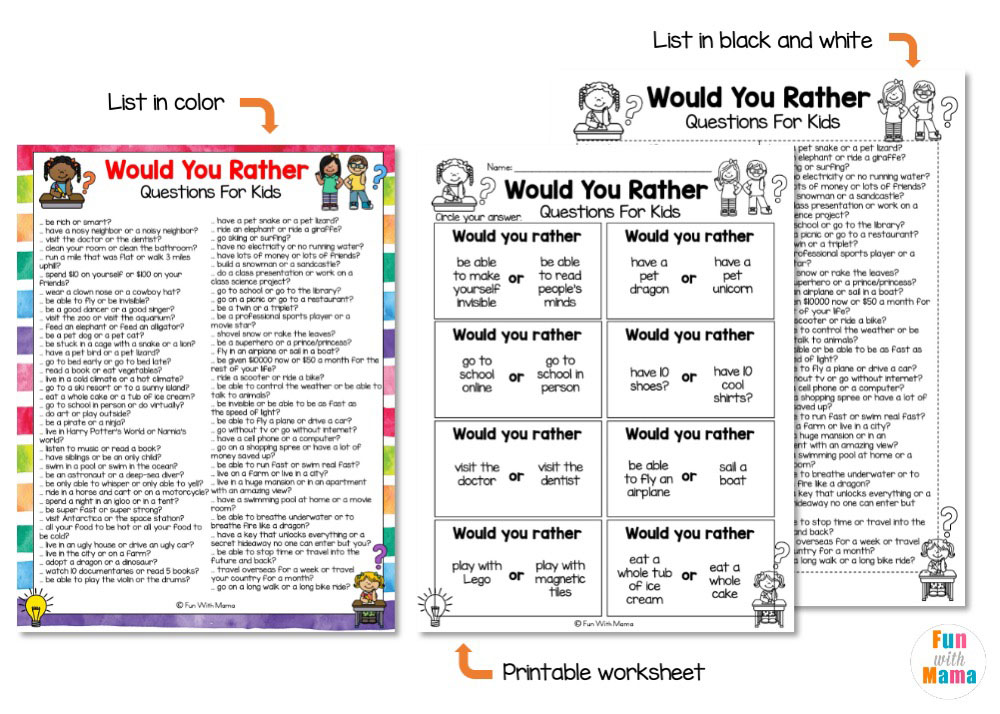 150 Would You Rather Questions For Kids+ Printable - Fun with Mama